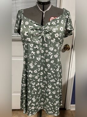 Derek Heart Olive Green Floral Midi Dress with White Print